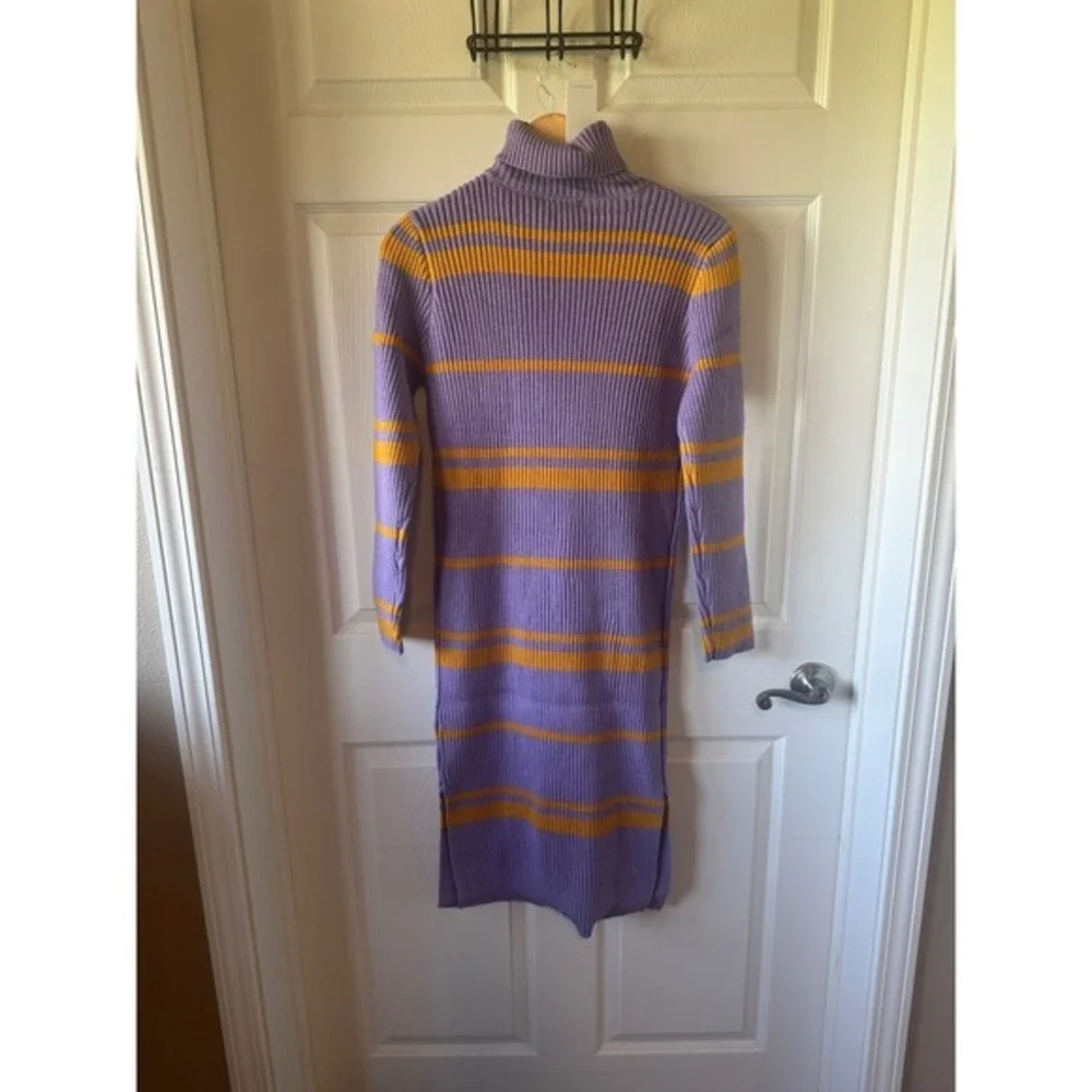 Moon River Turtleneck Midi Dress L Purple Yellow Striped Ribbed Retro Mod